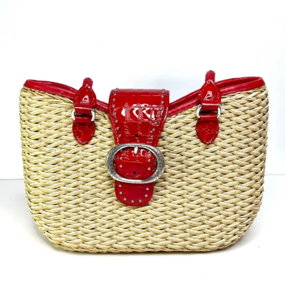 Vintage Brighton Straw Shoulder Bag 2000s Red Patent Leather Silver Hardware